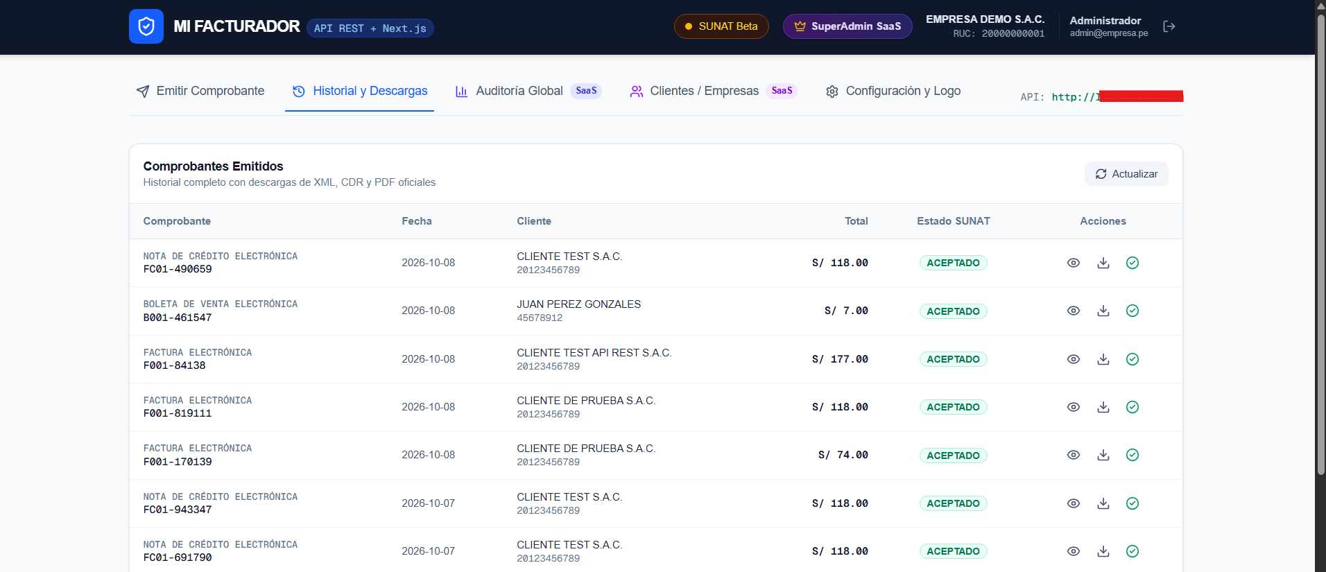 Mi Facturador API REST — Historial & Descargas